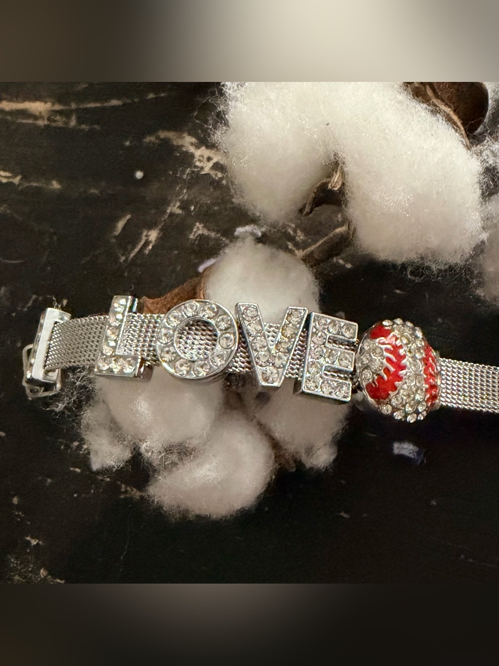 LOVE Movable Slide Crystal Softball Baseball Charm Bracelet - Silver Red Accent